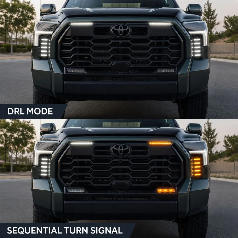 Front comparison showing both Tundra vent panels in white DRL mode and the passenger-side panel changing to amber with the turn signal