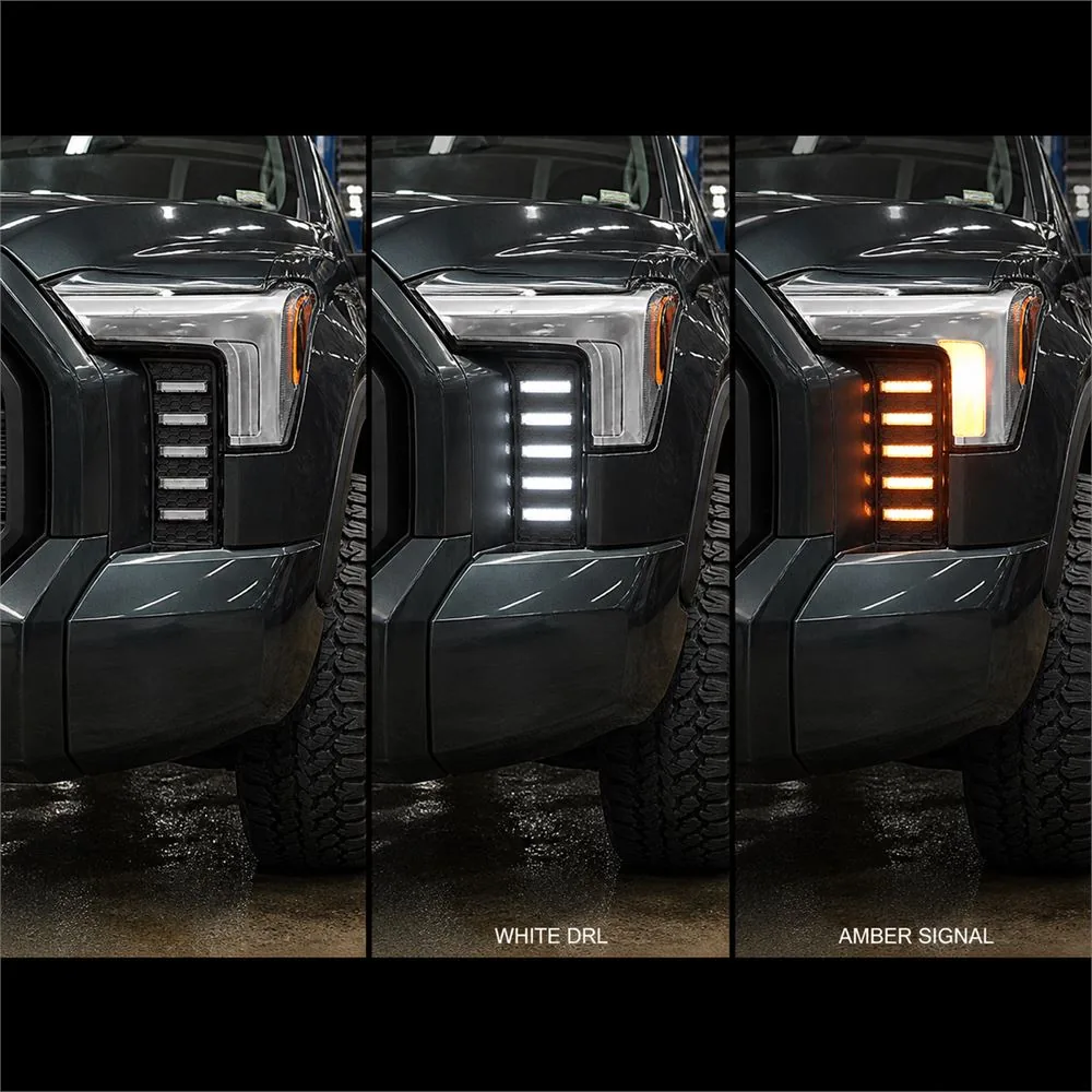 Three-panel close-up showing the Tundra vent light switched off in white DRL mode and in amber turn-signal mode