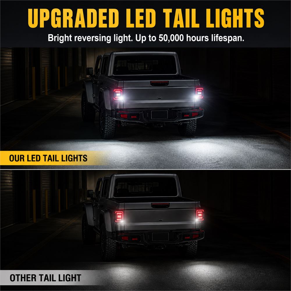 upgraded jeep gladiator led tail lights reverse brightness comparison vs stock tail lights