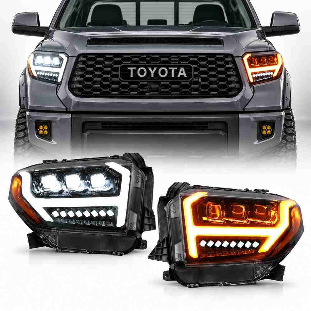 2014-2021 Toyota Tundra headlights with triple projector LEDs white DRL and amber sequential turn signal