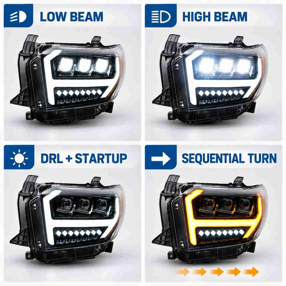 2014-2021 Toyota Tundra headlights showing low beam high beam DRL startup sequence and sequential turn signal functions