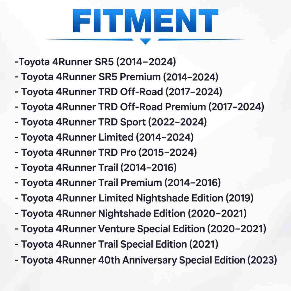 Fitment guide for 2014-2024 Toyota 4Runner headlights covering SR5, TRD, Limited, Trail and special-edition models.