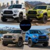 Application guide for 2016-2023 Tacoma LED headlights, showing compatibility across multiple Toyota Tacoma trims and body colors.