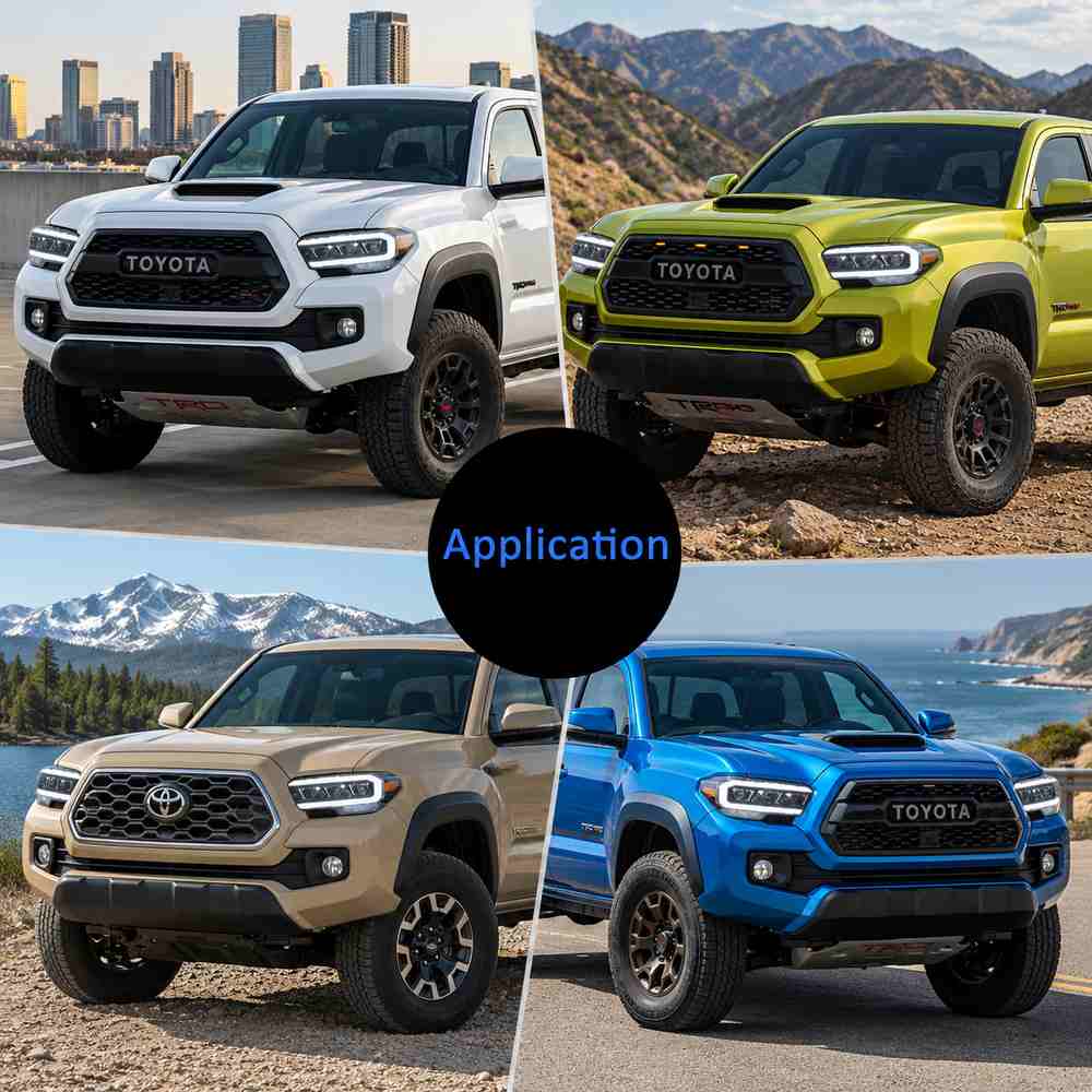 Application guide for 2016-2023 Tacoma LED headlights, showing compatibility across multiple Toyota Tacoma trims and body colors.