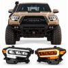 Main product image of LED projector headlights for 2016-2023 Toyota Tacoma, showing the complete headlight kit with white DRL and amber sequential turn signal.