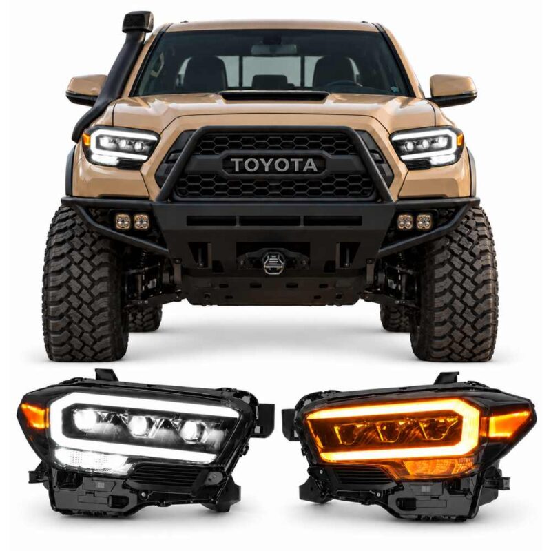 Main product image of LED projector headlights for 2016-2023 Toyota Tacoma, showing the complete headlight kit with white DRL and amber sequential turn signal.