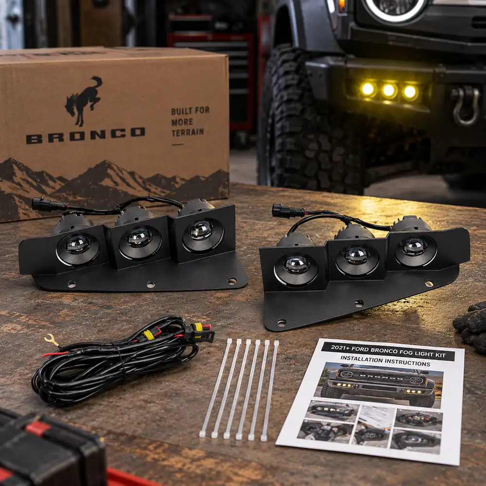 Complete 2021+ Ford Bronco fog lamp installation kit with paired housings, wiring harness, zip ties and instructions