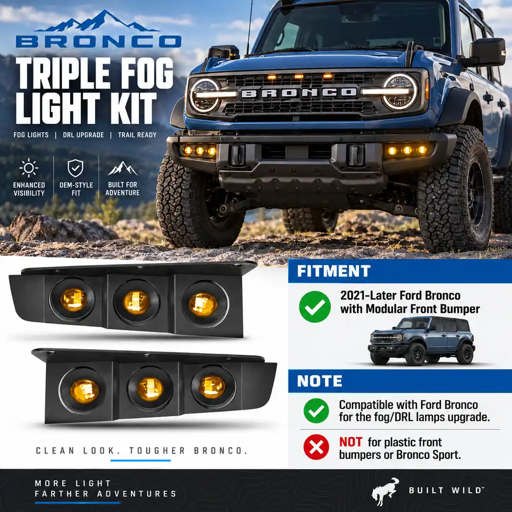 Fitment guide for 2021+ Ford Bronco modular front bumper showing triple lamp kit compatibility and exclusions for plastic bumpers and Bronco Sport