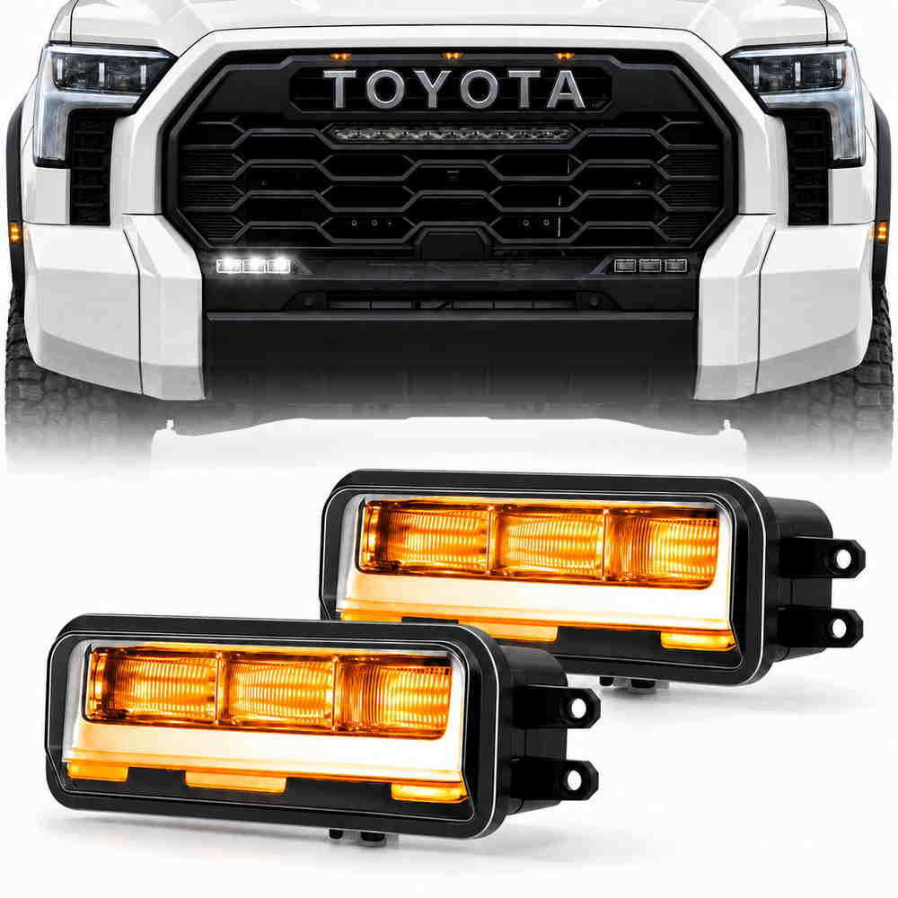 2022-2026 Toyota Tundra fog lights LED pair with amber sequential lighting shown below vehicle front
