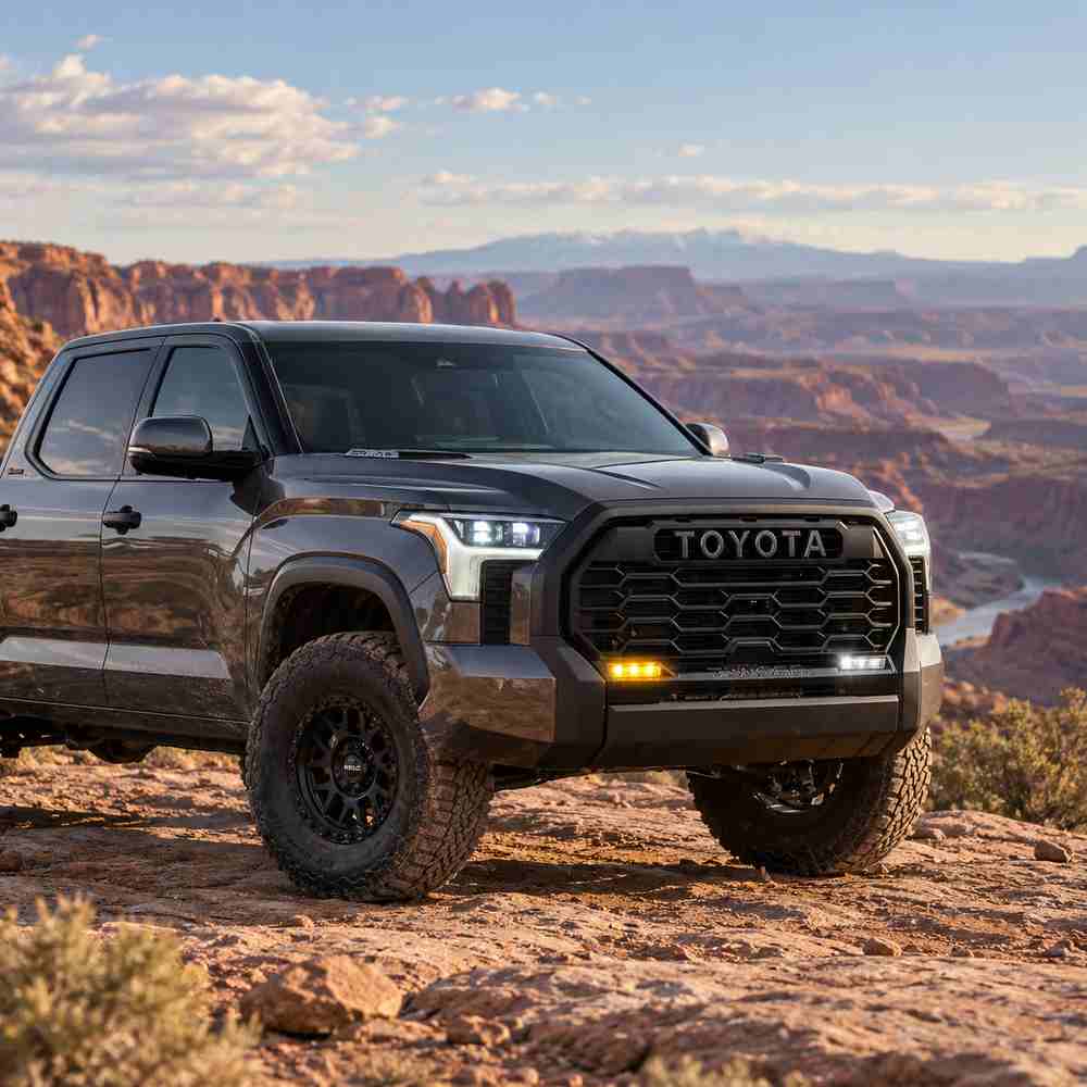 2022 Tundra fog lights showing amber sequential turn signal and white LED lighting on desert trail
