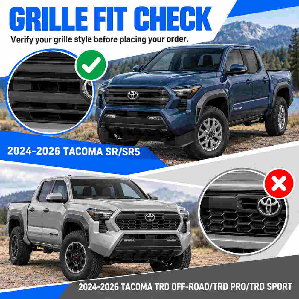 2024-2026 Tacoma SR and SR5 grill lights fitment guide showing compatible factory grille and excluded TRD grille styles