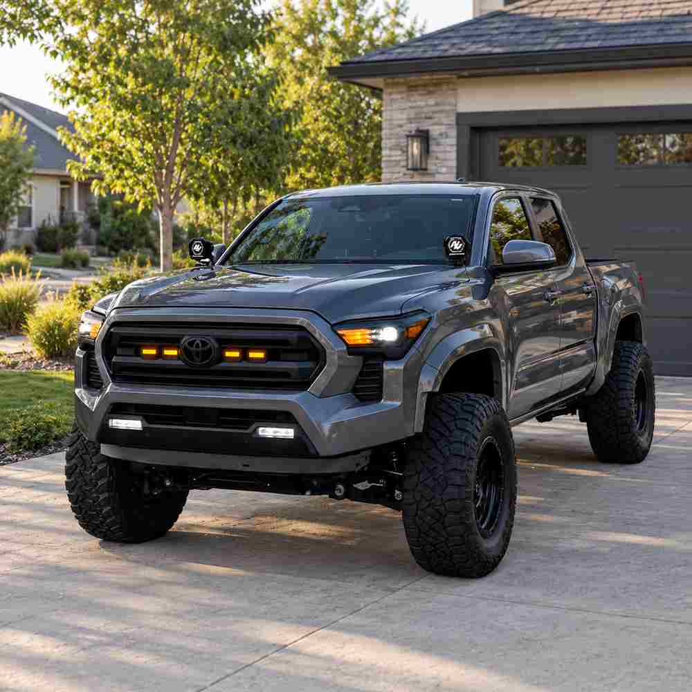 2024-2026 Toyota Tacoma SR SR5 with amber LED grille raptor lights installed in a residential driveway