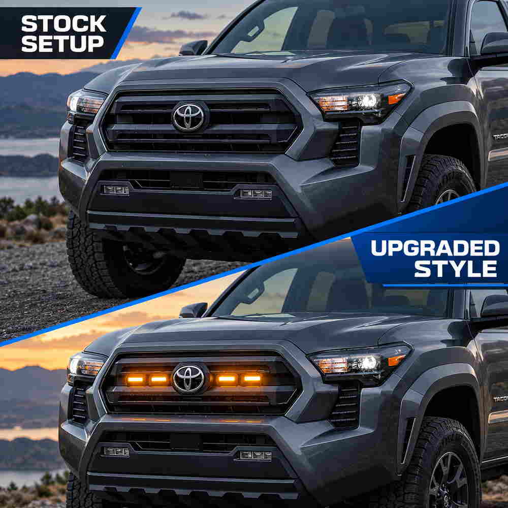 Stock vs upgraded comparison of 2024-2026 Toyota Tacoma with amber LED grille raptor lights