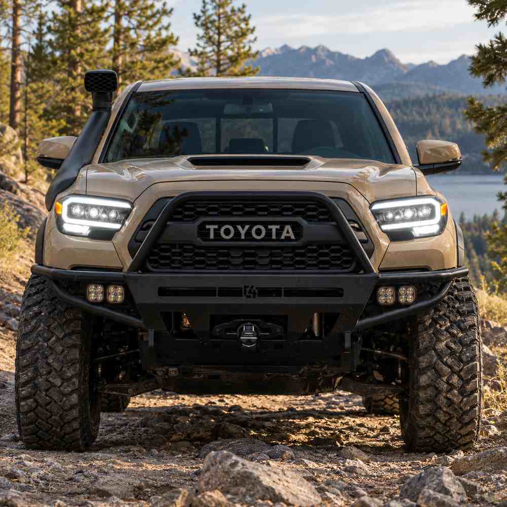 Upgraded 3rd gen Tacoma headlights installed on a Toyota Tacoma, showing enhanced front-end styling and improved visibility in an off-road setting.