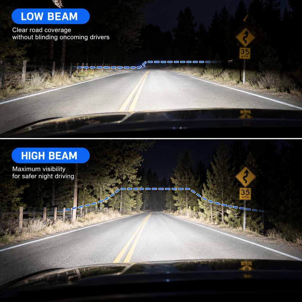 Low beam and high beam output pattern of 3rd gen Tacoma LED headlights, featuring a clear cutoff and improved nighttime road visibility.