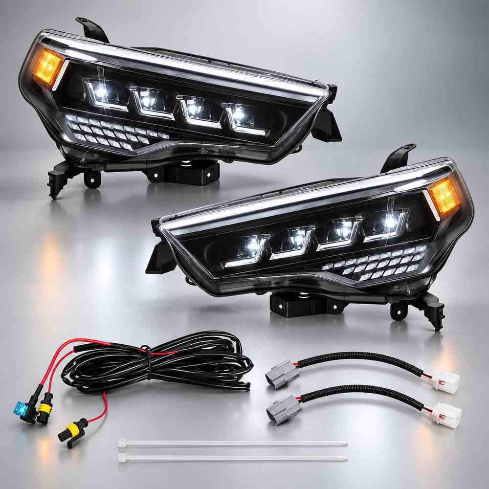 Toyota 4Runner replacement headlight pair with wiring accessories and installation hardware.