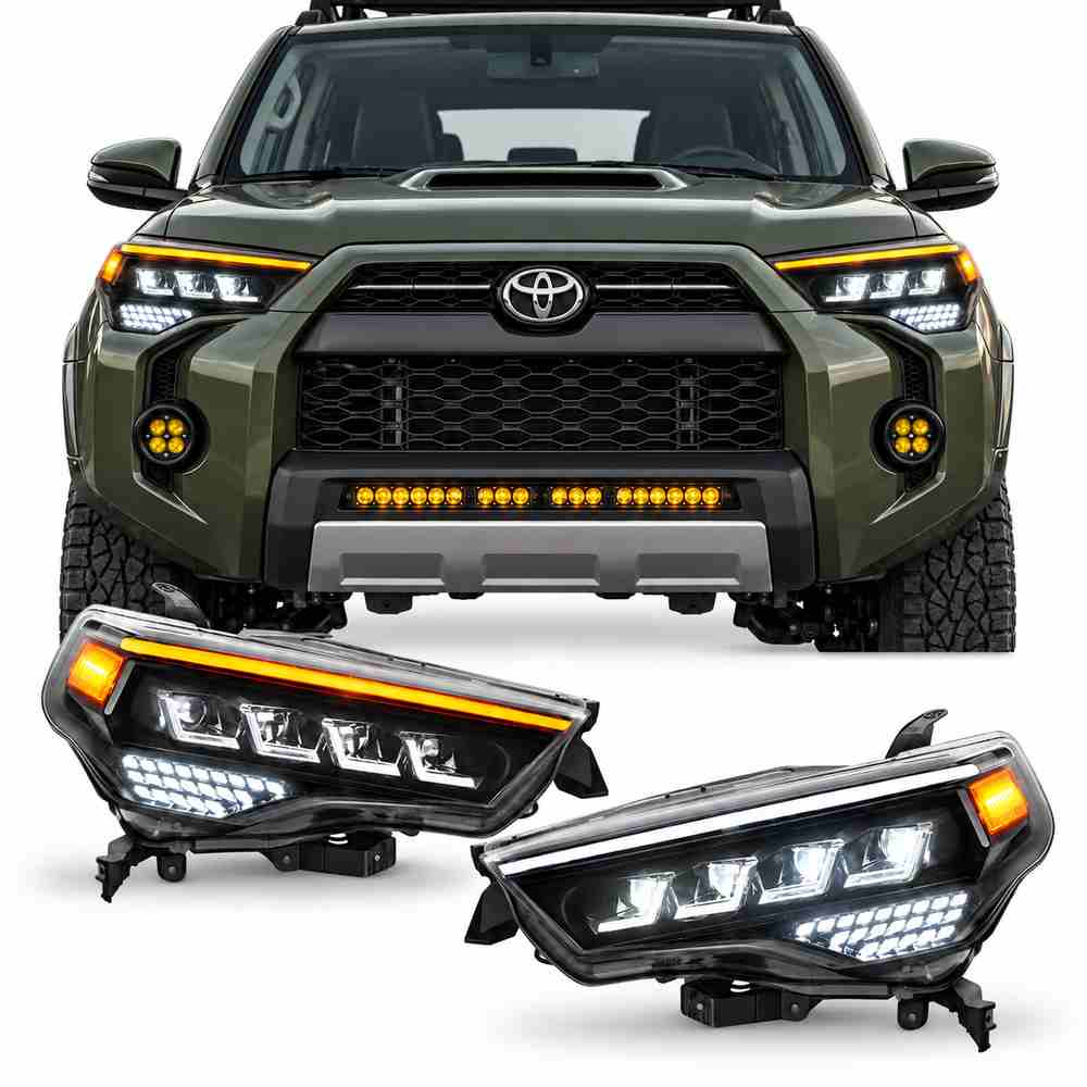 2014-2024 Toyota 4Runner LED headlights with quad projector lenses, white DRL and amber turn signals.