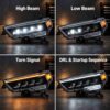 4Runner headlight lighting modes showing high beam, low beam, sequential amber turn signal and DRL startup sequence.