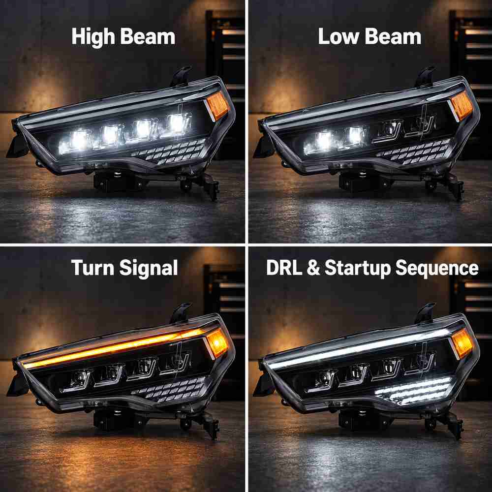 4Runner headlight lighting modes showing high beam, low beam, sequential amber turn signal and DRL startup sequence.