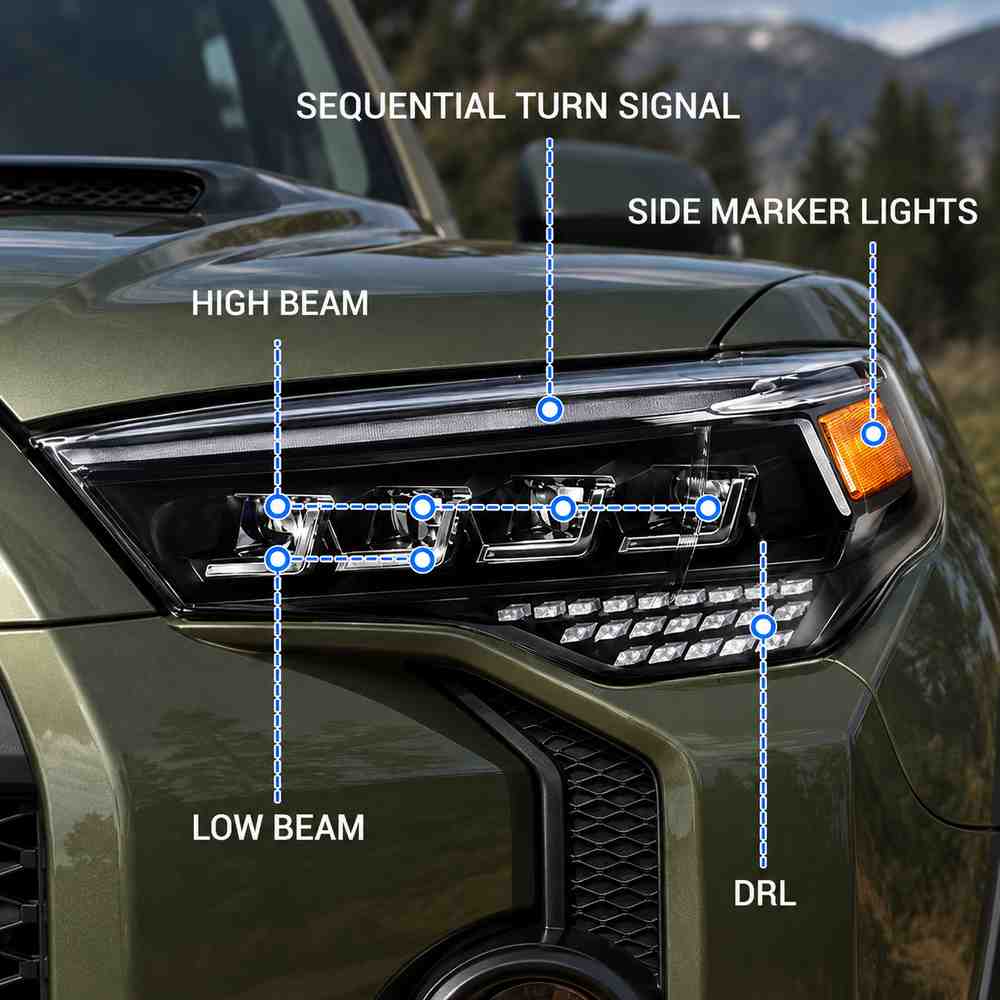 Toyota 4Runner projector headlight showing high beam, low beam, DRL, side marker and sequential turn signal functions.