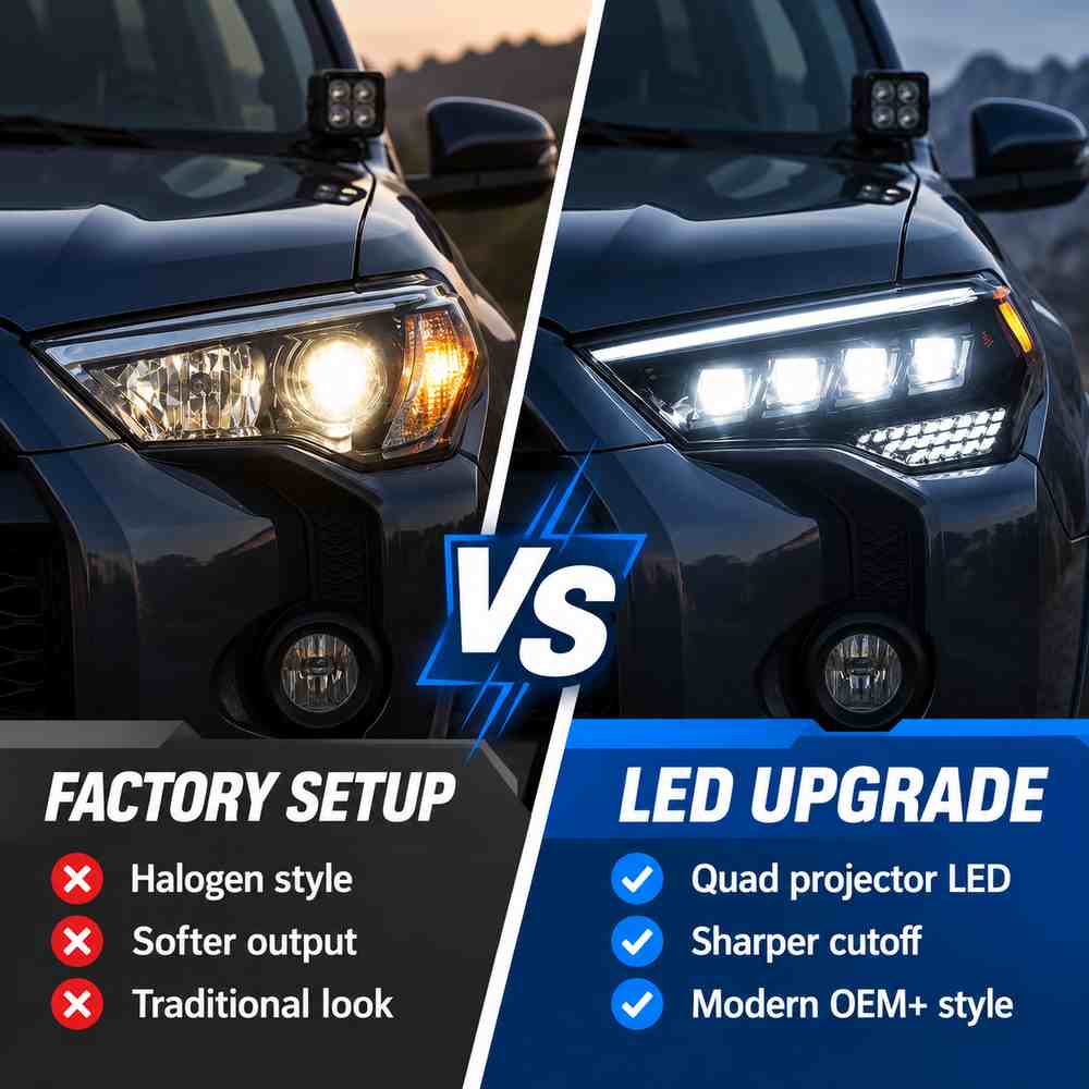 Factory halogen versus quad LED headlight upgrade on a 5th gen Toyota 4Runner.