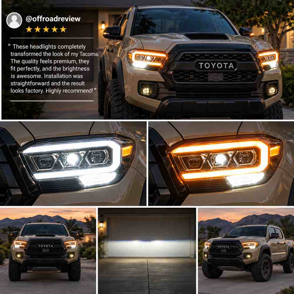 Aftermarket Toyota Tacoma headlight collage featuring customer feedback, close-up lens details and beam performance for nighttime driving.
