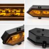 Close-up views of amber grille light bar lenses, housing and mounting tabs