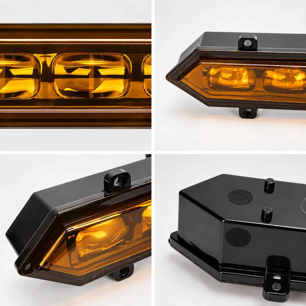 Close-up views of amber grille light bar lenses, housing and mounting tabs