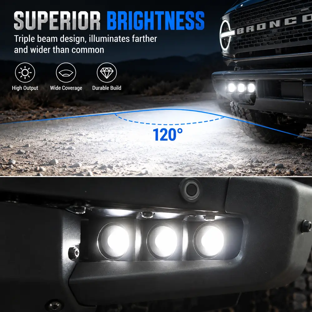 120-degree wide coverage from triple auxiliary lights on a Ford Bronco modular bumper
