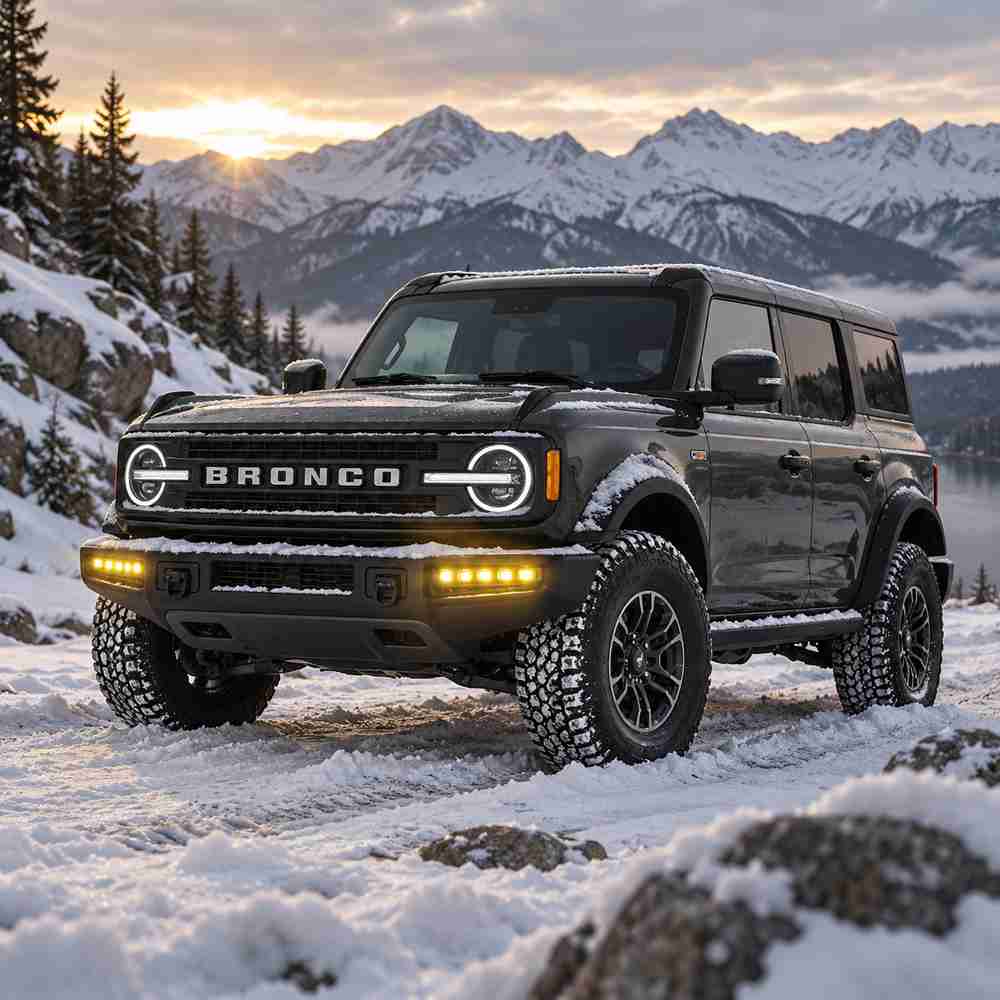 Ford Bronco bumper lights operating in snowy driving conditions