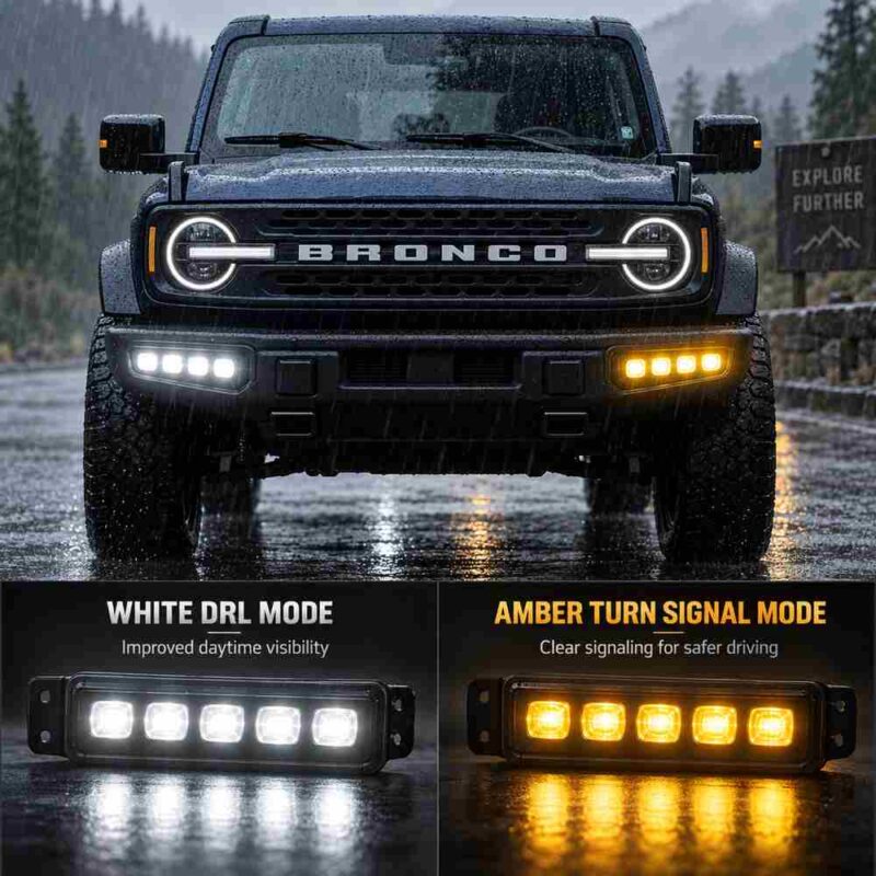 Bronco bumper lights showing white DRL and amber turn signal modes