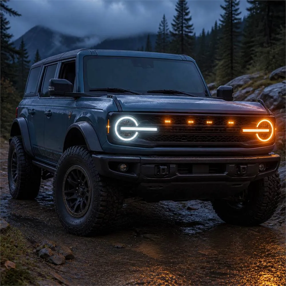 Ford Bronco showing white and amber DRL modes during an off-road night scene