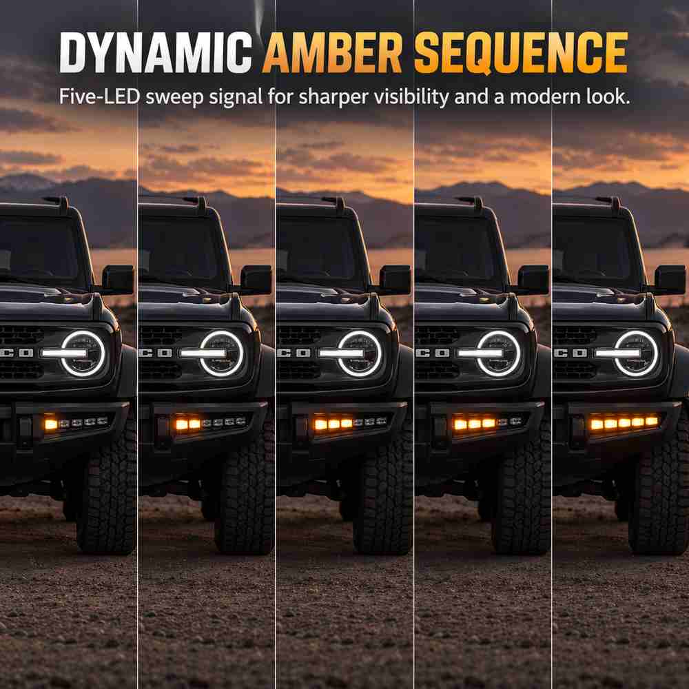 Bronco dynamic sequential amber signal across five LED modules