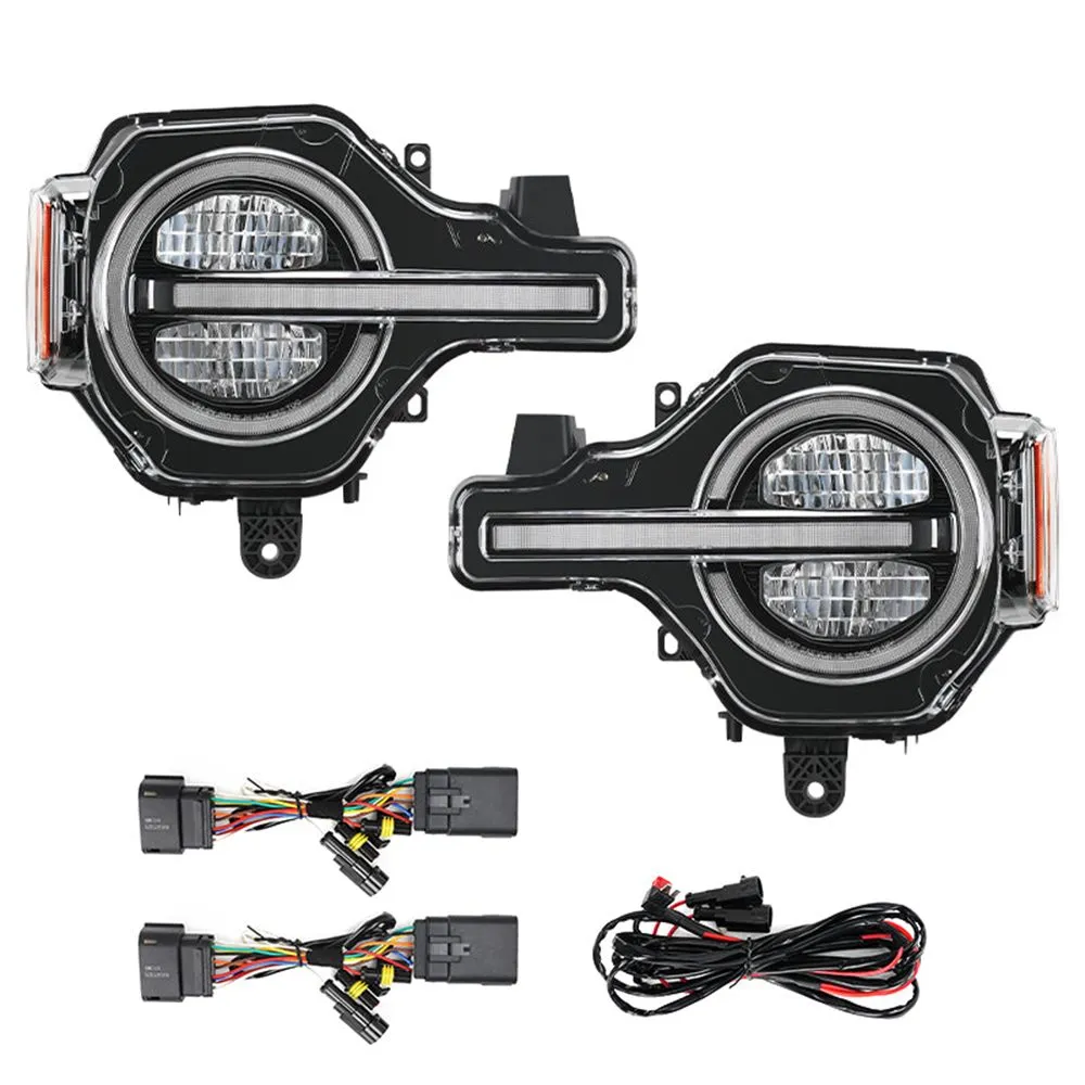 Pair of Bronco headlight assemblies with wiring adapters and ACC harness