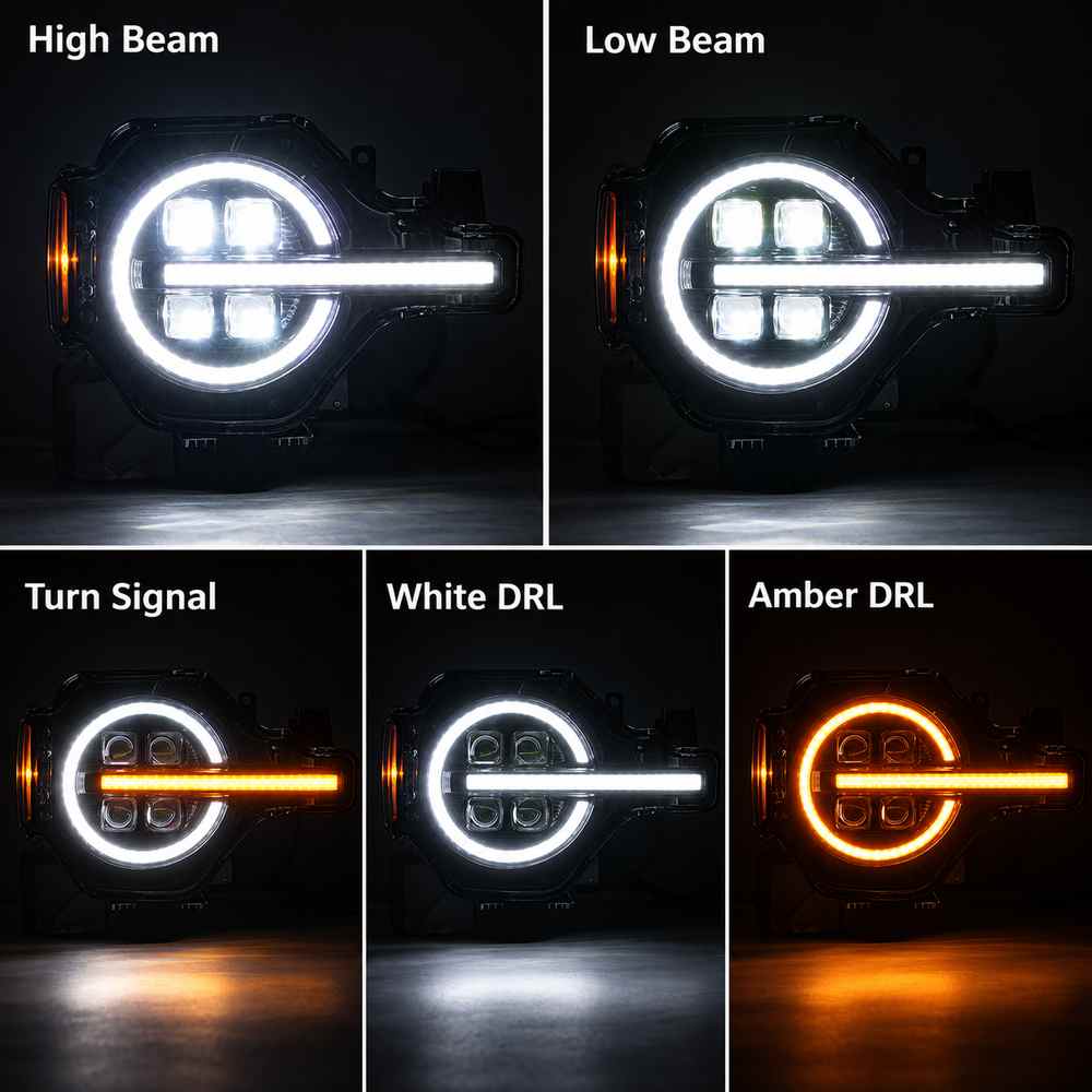 Bronco headlight showing high beam, low beam, white DRL, amber DRL and turn signal modes