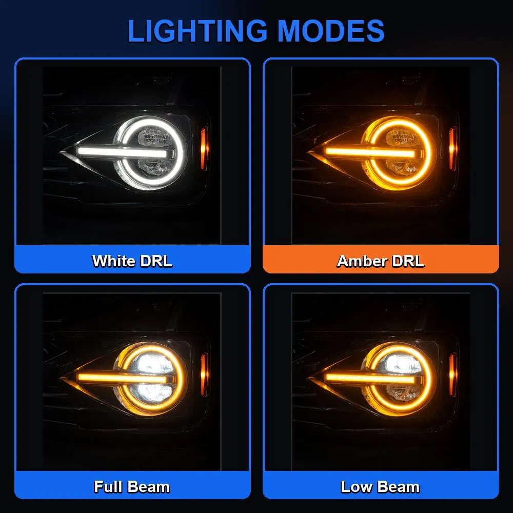 Bronco headlight lighting modes showing white DRL, amber DRL, high beam and low beam