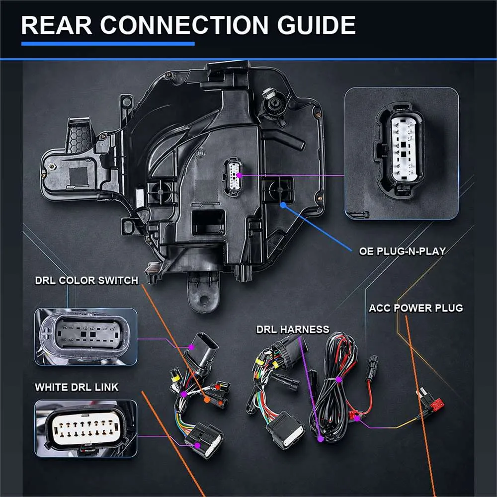 Rear connection guide for Bronco headlight assembly showing OE plug, DRL color switch, DRL harness and ACC power plug