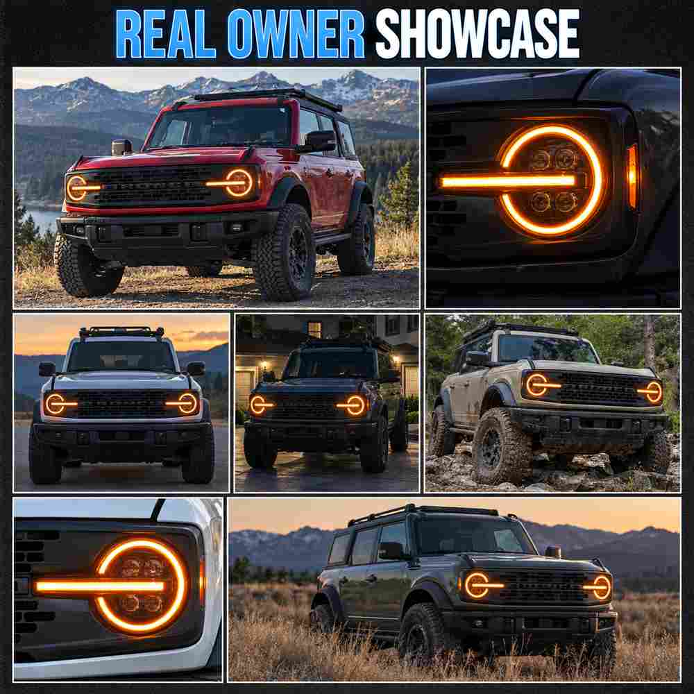 Ford Bronco headlight upgrade shown on multiple vehicles with amber DRL illuminated