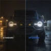Standard vs upgraded LED headlight output on a Ford Bronco at night