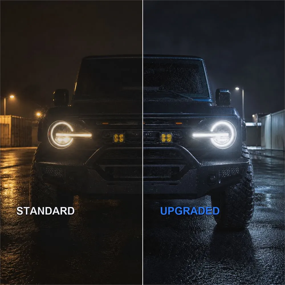 Standard vs upgraded LED headlight output on a Ford Bronco at night