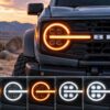 Bronco headlight showing white DRL, amber DRL and projector lighting modes