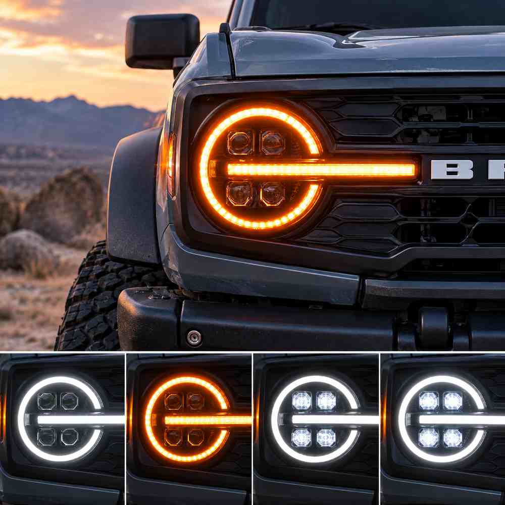 Bronco headlight showing white and amber daytime running light modes