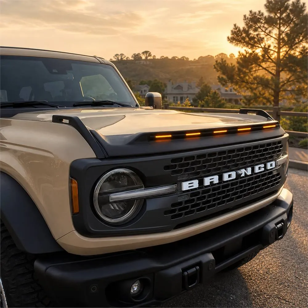 Close-up of Ford Bronco hood deflector with amber LED marker lights