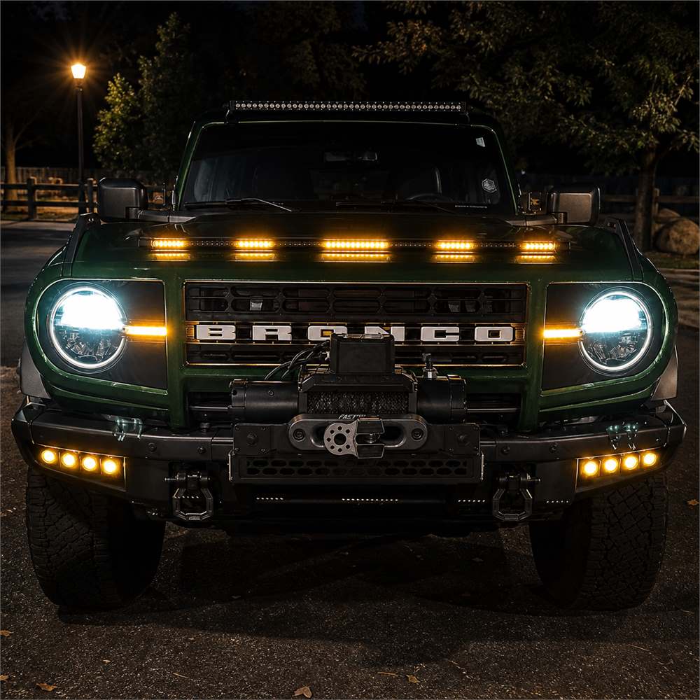 Ford Bronco hood protector with amber LED lights illuminated at night