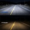 Upgraded LED headlight beam compared with standard Bronco headlights on a dark road