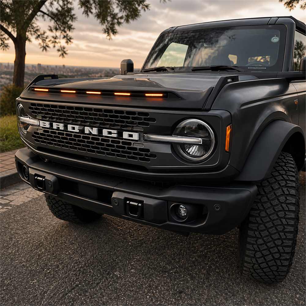 Angled view of Ford Bronco LED hood deflector with amber running lights