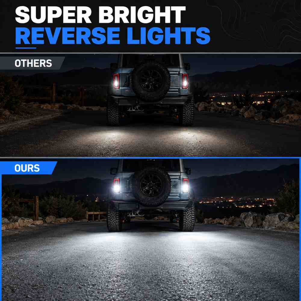 Bronco LED reverse lights brightness comparison showing wide rear illumination at night