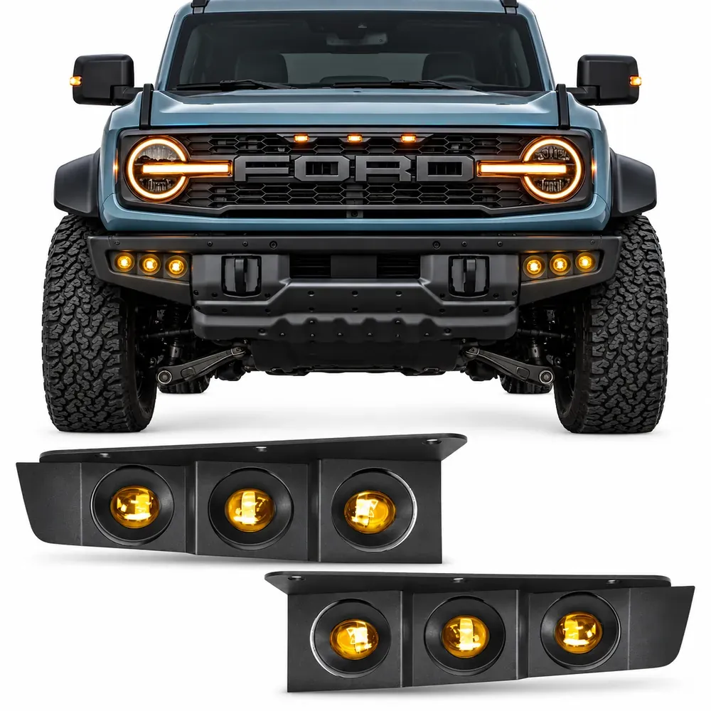 2021-2026 Ford Bronco modular bumper fog lights with triple amber LED lamps