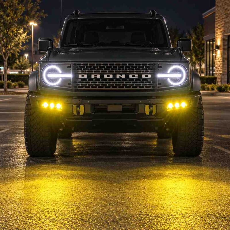 2021-2026 Ford Bronco modular bumper fog lights casting amber light for nighttime visibility