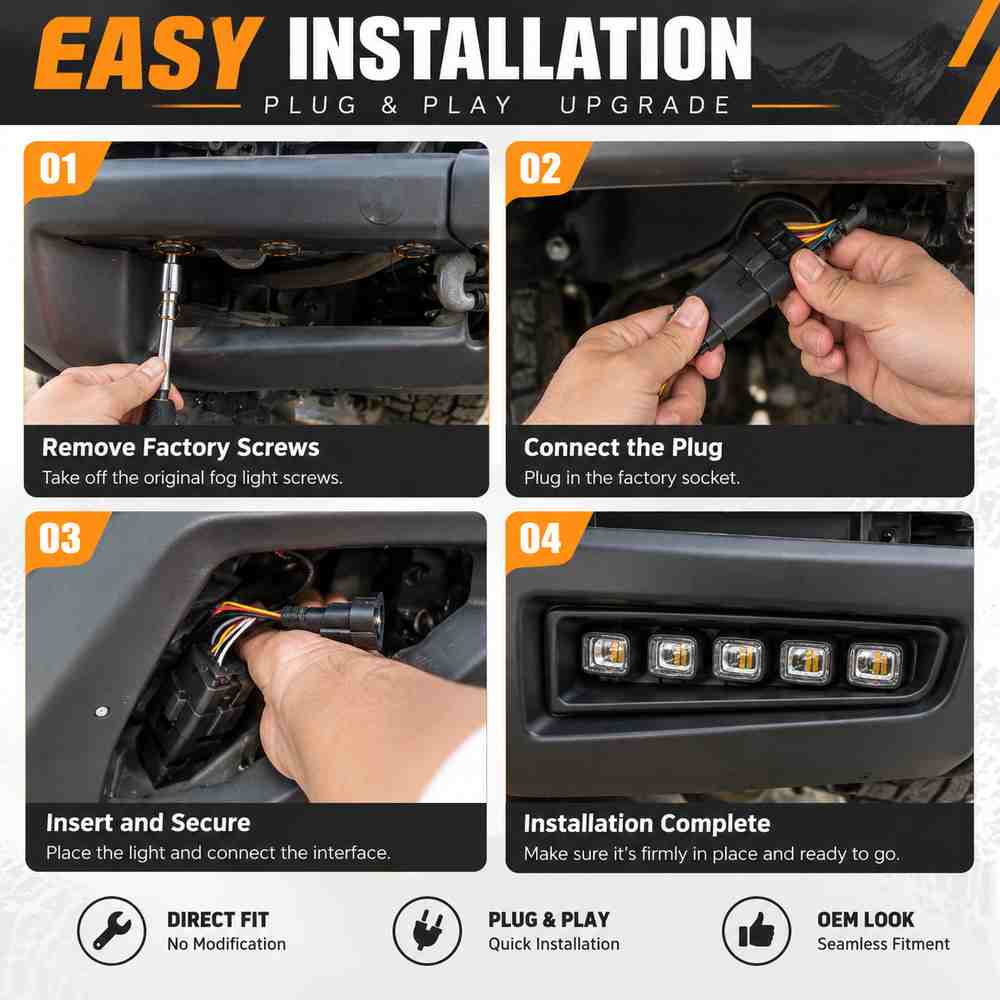 Bronco modular bumper light installation with factory-style connectors